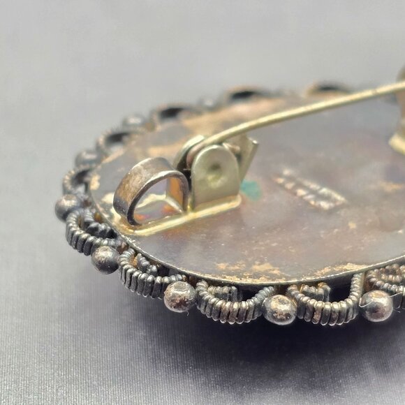 Antique Sterling Silver Purple Glass Brooch/Pendant 1.5" Rope & Scrolled Details - Picture 4 of 11